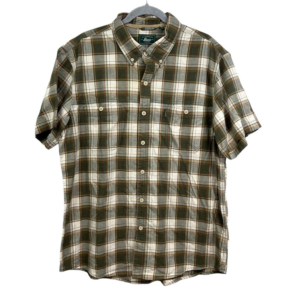 G.H. Bass Mens Plaid Shirt Button Down Short Sleeves Pockets Beige Green Sz XL*